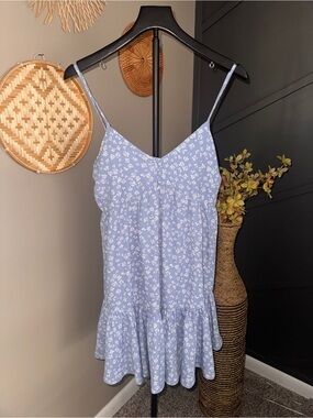 Boutique blue floral dainty babydoll mini dress boho cottagecore vacation